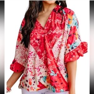 Umgee Animal Print/Floral V-Neck Blouse - Red and Pink,blue Sz.L